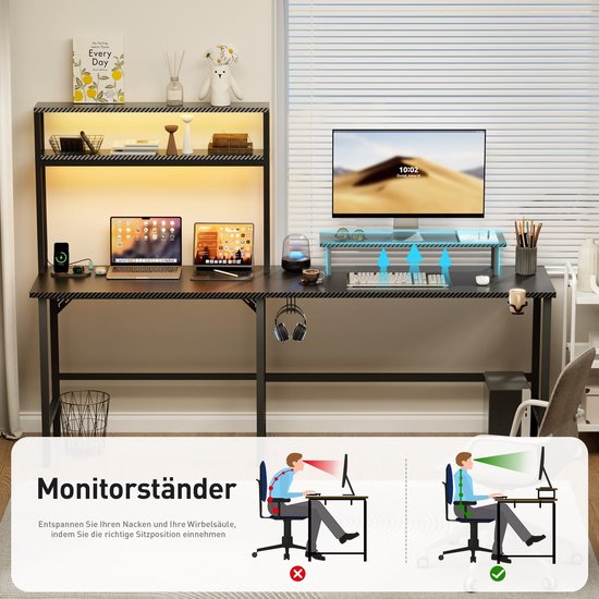 Gamingtafel met led - Hoekbureau computertafel - Thuiswerken gamen - Met opzetrek monitorstandaard - 150 x 100 cm - Zwart koolstofvezel — afbeelding 4