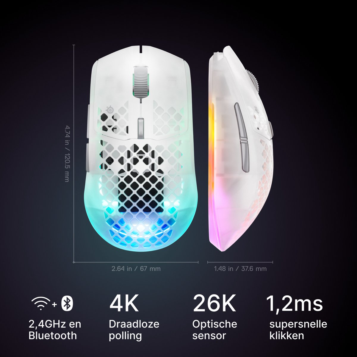 SteelSeries Aerox 3 Wireless Gen 2 - Draadloze Gaming Muis - 4000 Hz Polling Rate - Ghost/Wit thumbnail 2