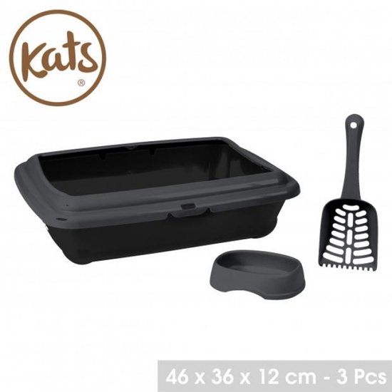 "KATS" kattenbak met voerbak en schep inbegrepen ��� compact design – 46x36xH12 cm – kleur Moonrock