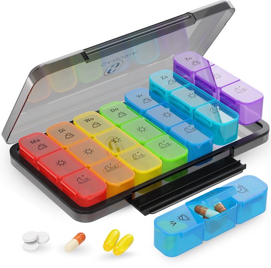 Pilulier Gandria 7 jours - Pilulier amovible - Boîte à médicaments avec 21 compartiments - Boîte à médicaments avec fermeture solide - 3 compartiments par jour