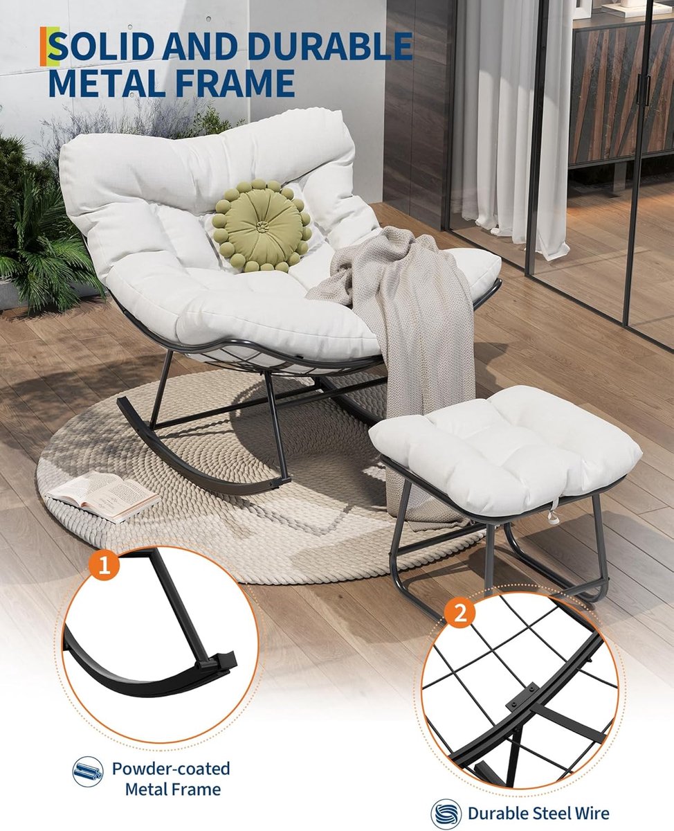 Schommelstoel voor Buiten met Voetenbank - Tuinstoel incl. Kussens - Ergonomische Loungestoel - Weerbestendig Metaal - Balkon, Tuin & Terras – foto 4