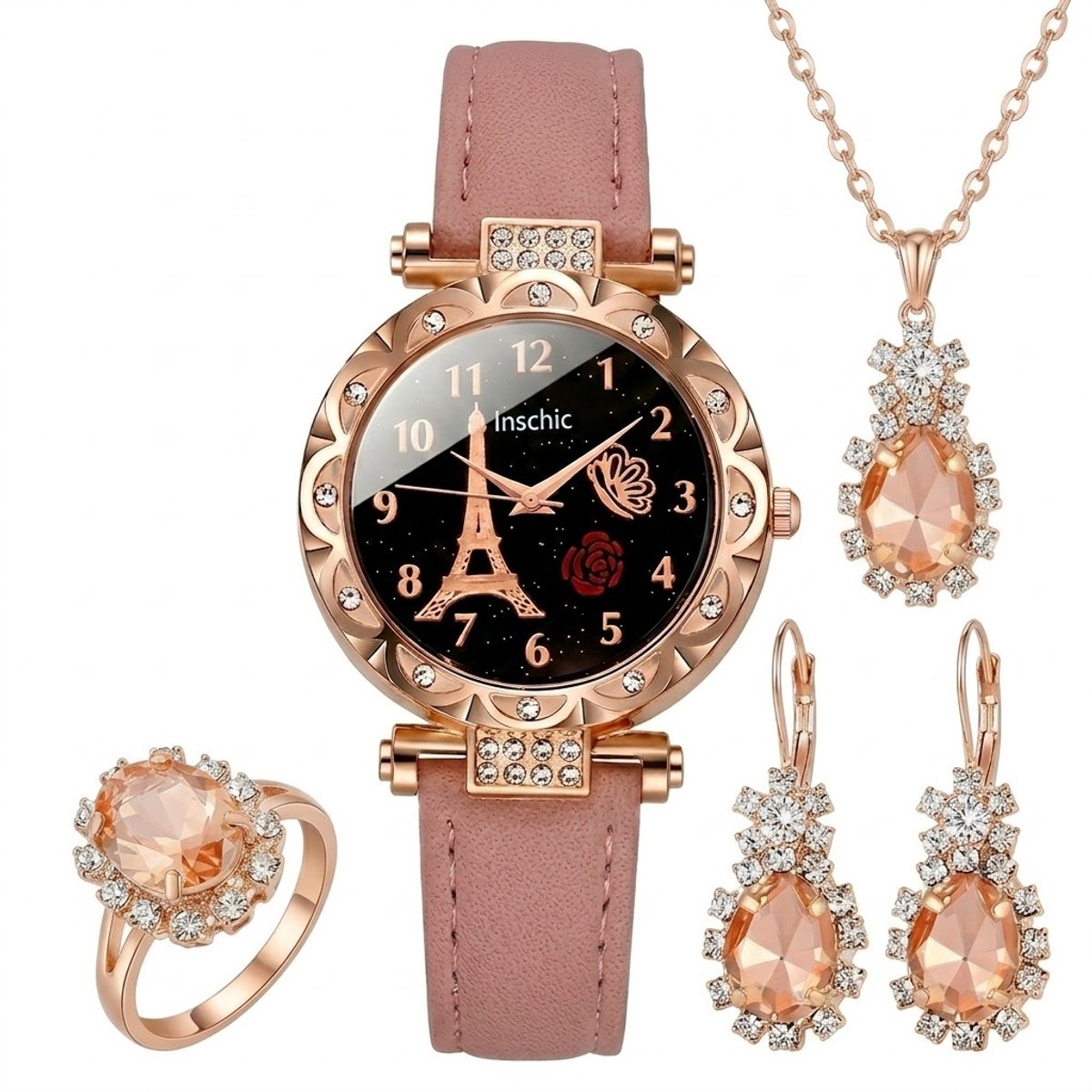 Roze analoog horloge dames - ronde wijzerplaat met goudkleurige details en Eiffel Tower design - roze band - quartz horloge (sieraden niet inbegrepen)