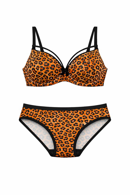 Lingerie- 2-delig set – Voorgevormde beugel-bh set – Push-up beha set – Uitdagende ondergoed set – Panterprint geel/oranje- Maat 85B