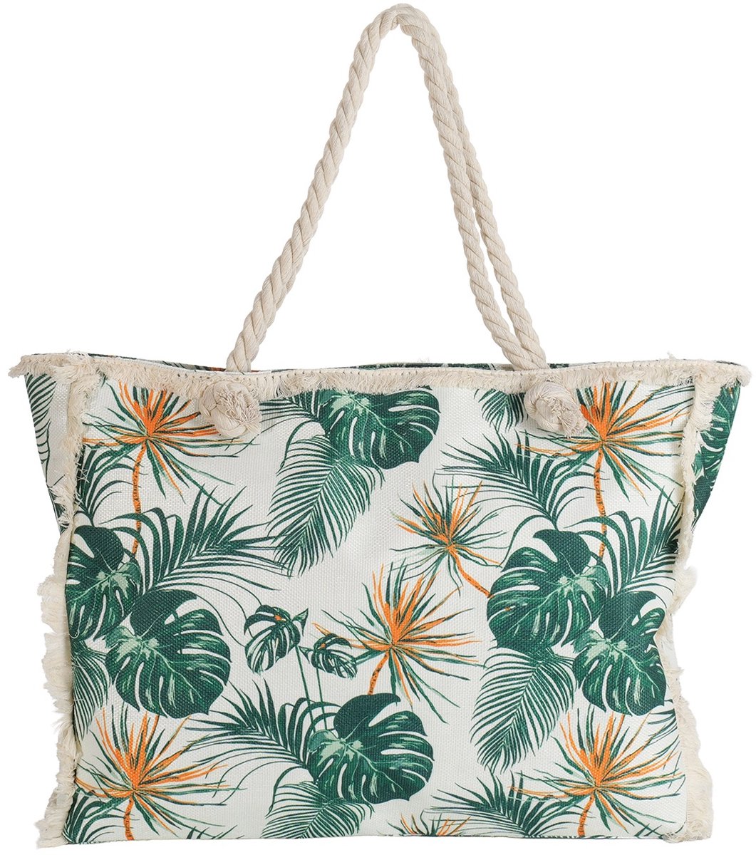 Ultiluxe® XXL Strandtas met Bladeren - Schoudertas voor Dames - Grote Shopper met Franjes - 50 x 40 x 10 cm - Damestas - Groen/beige