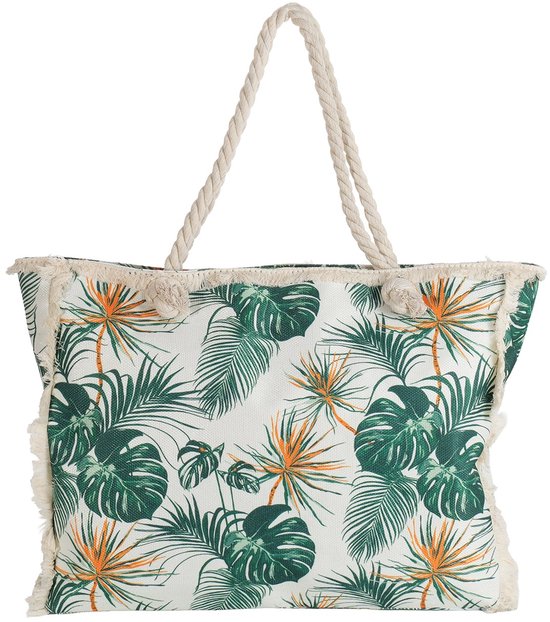 Sac de plage blanc avec imprimé feuilles tropicales vertes et orange, anses en corde et franges.
