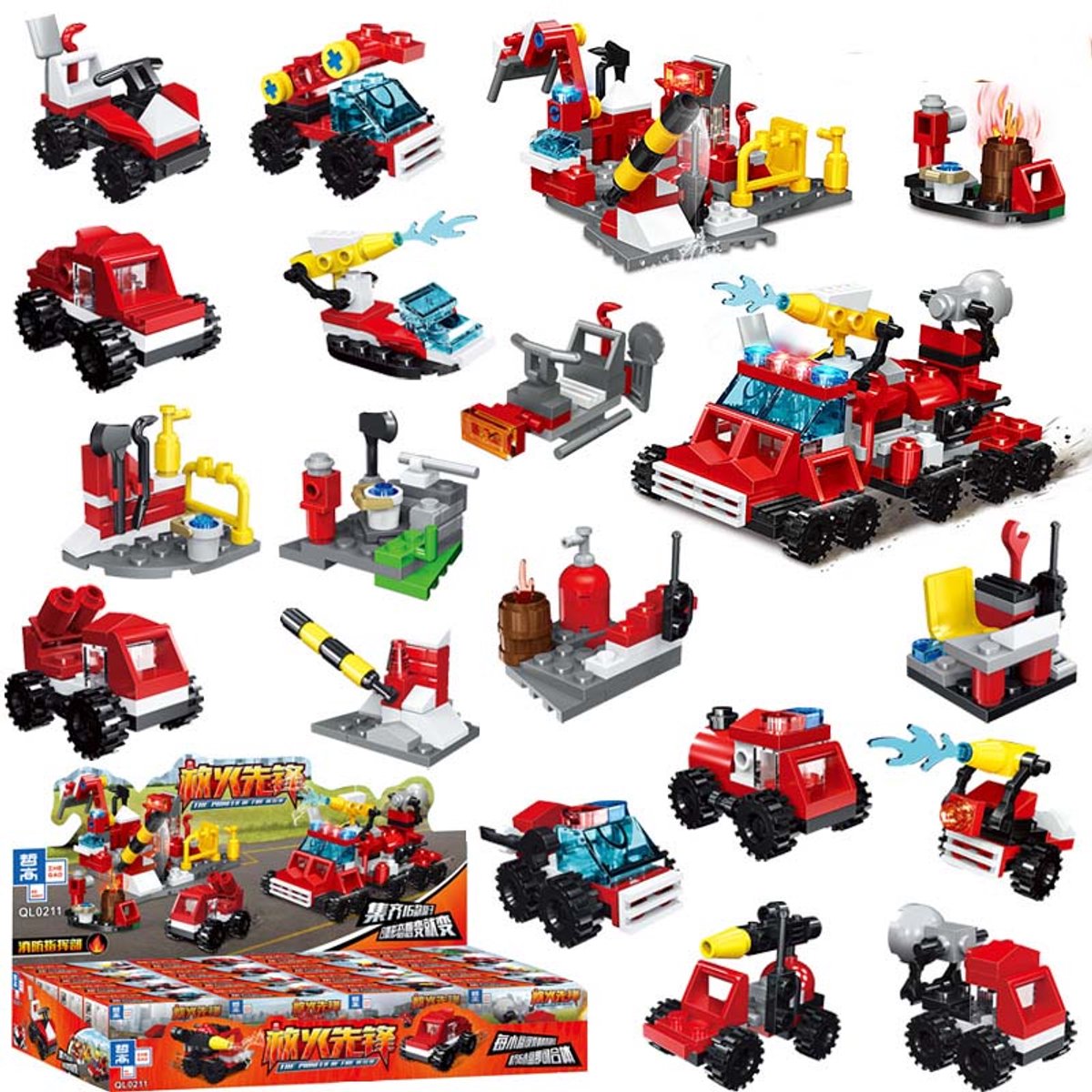Ultiluxe® Bouwset Brandweer - 16 stuks - Bouwpakket voor Kinderen - Constructie speelgoed set - Brandweerwagen - Brandweerauto - Voertuigen - Rood