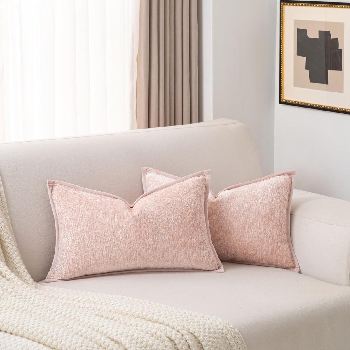 Kussenhoezen Set - Decoratieve Hoezen - Bank en Bed - Zachte Chenille Rand - 30x50 cm - Roze