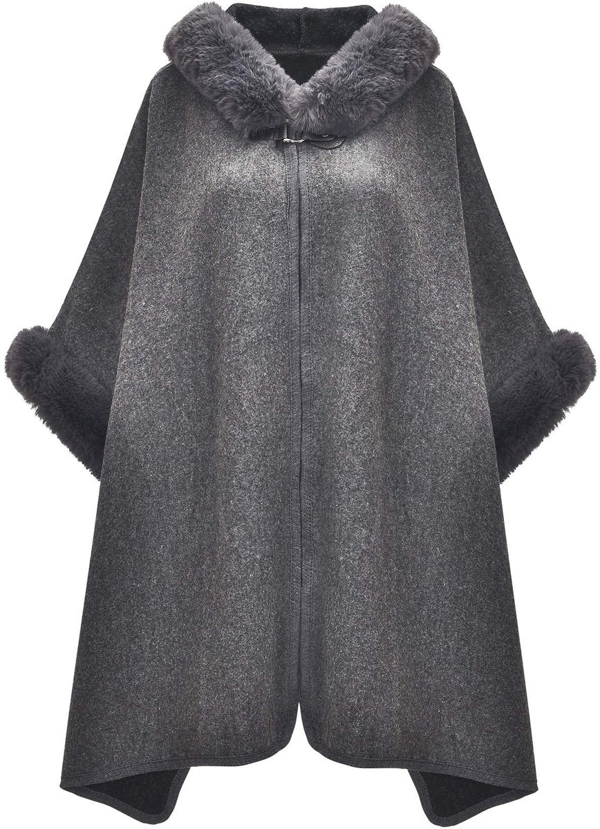 Allecto - Dames Winter Cape Knitted Sweater met Faux Fur - Grijze Poncho met Kap - One Size