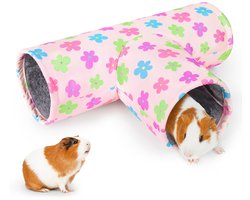 Cavia-tunnel — Wasbare schuilplaats, draagbare konijnentunnel, zachte fretentunnel — Ideaal om te spelen en te rusten — Cavia-accessoire (ook geschikt voor egels, hamsters, enz.) — Roze bloemenpatroon
