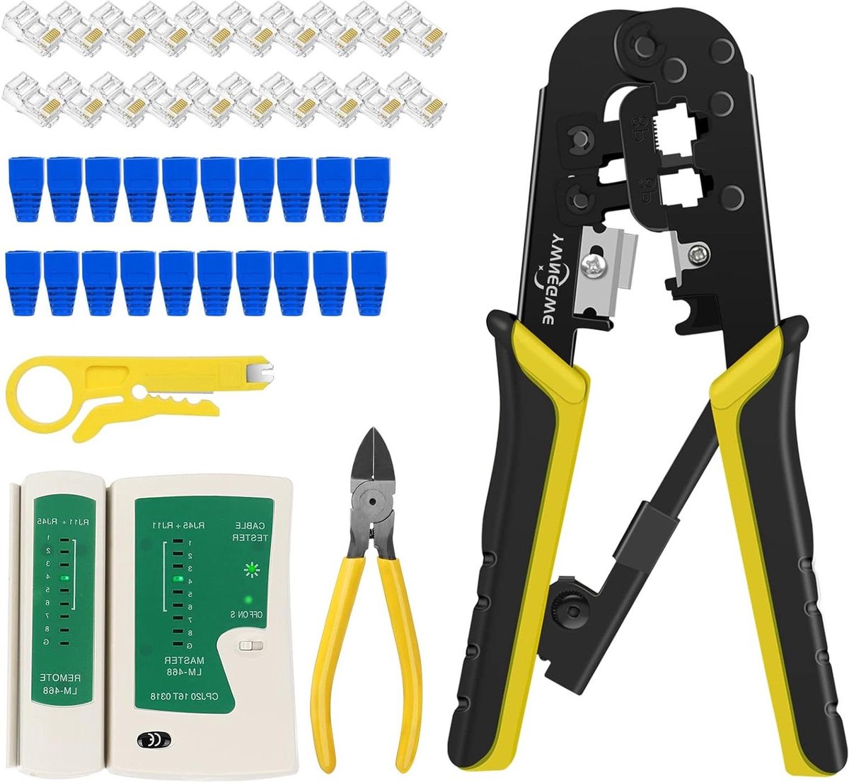 RJ45 Crimp Tool Kit voor Cat5 Cat5e Cat6 Modulaire Stekkers Connectors, RJ-11, 6P/RJ-12, 8P/RJ-45 Netwerk Krimpgereedschap, Modulaire RJ45 Crimper Strip, Cut, Crimp, All-in-One