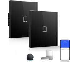 BSEED Intelligente touchscreen-wandschakelaar, glazen paneel, drukknop met ledverlichting, gemakkelijk te reinigen, E-serie, 1 gang, 2-weg, set van 2, 86 mm, zwart