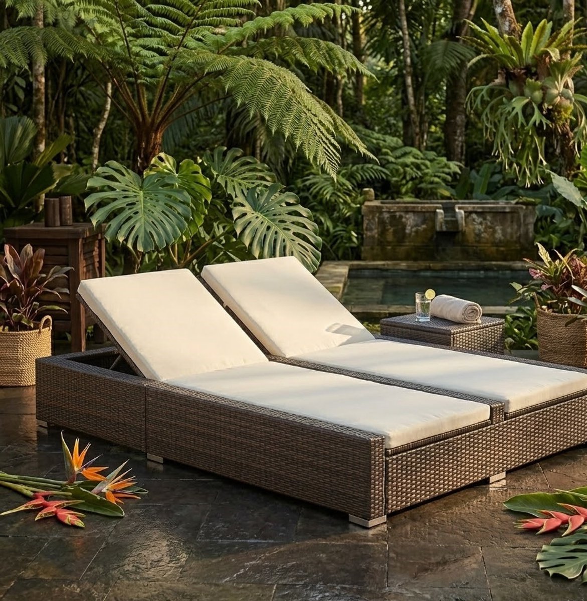 Luxora Duo Rattan Sun Island Dubbele Ligbed - Polyrotan Bruin Luxe Tweepersoons Tuinligstoel met Verstelbare Rugleuningen, Waterafstotende Kussens en Stalen Weerbestendig Frame voor Buiten & Binnen