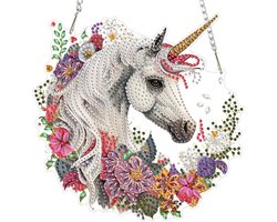 MXJSUA DIY Diamond Painting Hanger voor Venster met Strass, Diamant Schilderij Hanger voor Venster 20 x 20 cm (Witte PaardenBloemen)