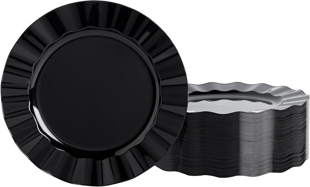 Dinerborden Zwart - Plastic Borden - Feestelijk Diner - Golvende Rand - 10 Inch - Zwart