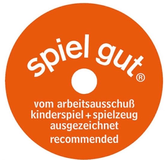 Oranje cirkel met witte tekst 'spiel gut' en 'vom arbeitsausschuss kinderspiel + spielzeug ausgezeichnet recommended'.