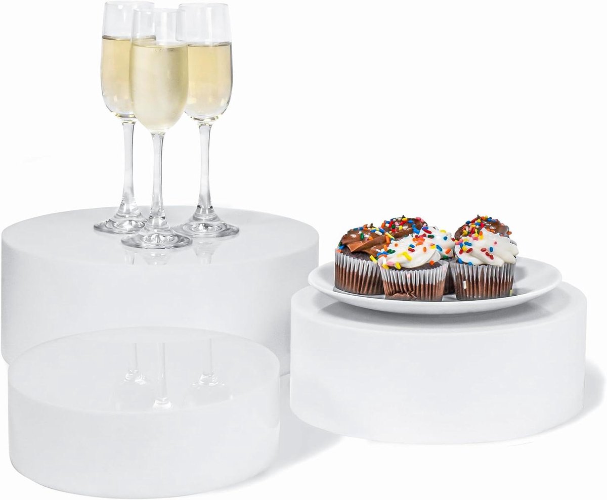 Red Co. Set of 3 Sizes (10", 3", 7") Acrylic Round Cylinder Display Nest Riser Stands with Hollow Bottoms, Glossy White