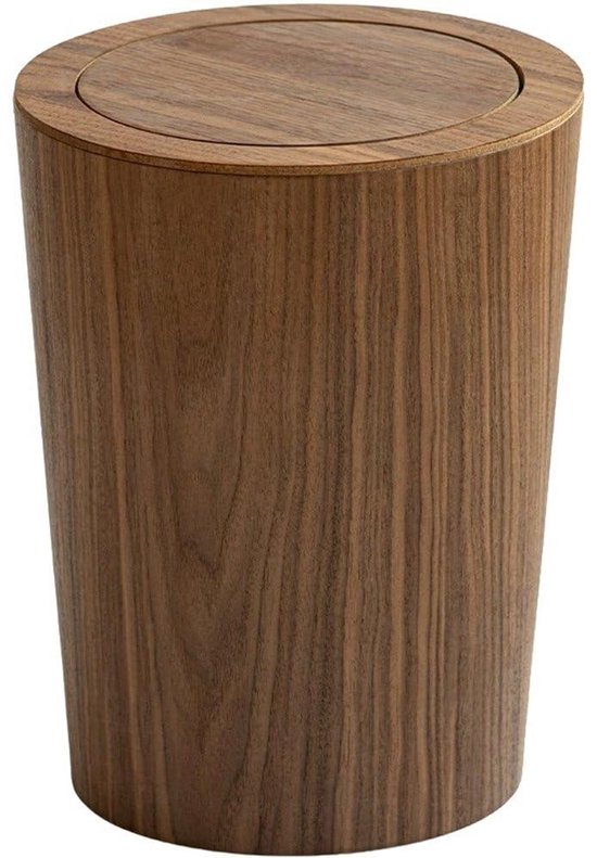 Cilindrische prullenbak van hout met een openklapbaar deksel, tegen een witte achtergrond.