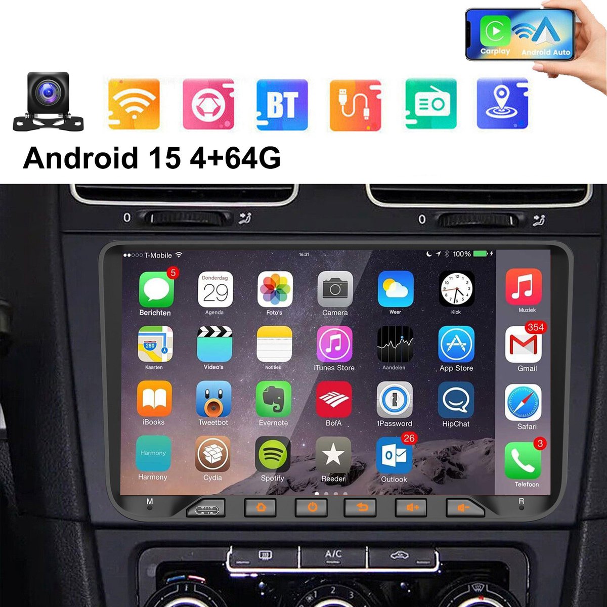 ESSGOO Autoradio voor Volkswagen GOLF 5 EOS Touran Tiguan Polo Seat Skoda - Draadloos Carplay Android Auto - Android 15.0 Systeem - 4+64GB - 9 INCH IPS touchscreen - GPS Bluetooth Wifi TypeC - Achteruitrijcamera