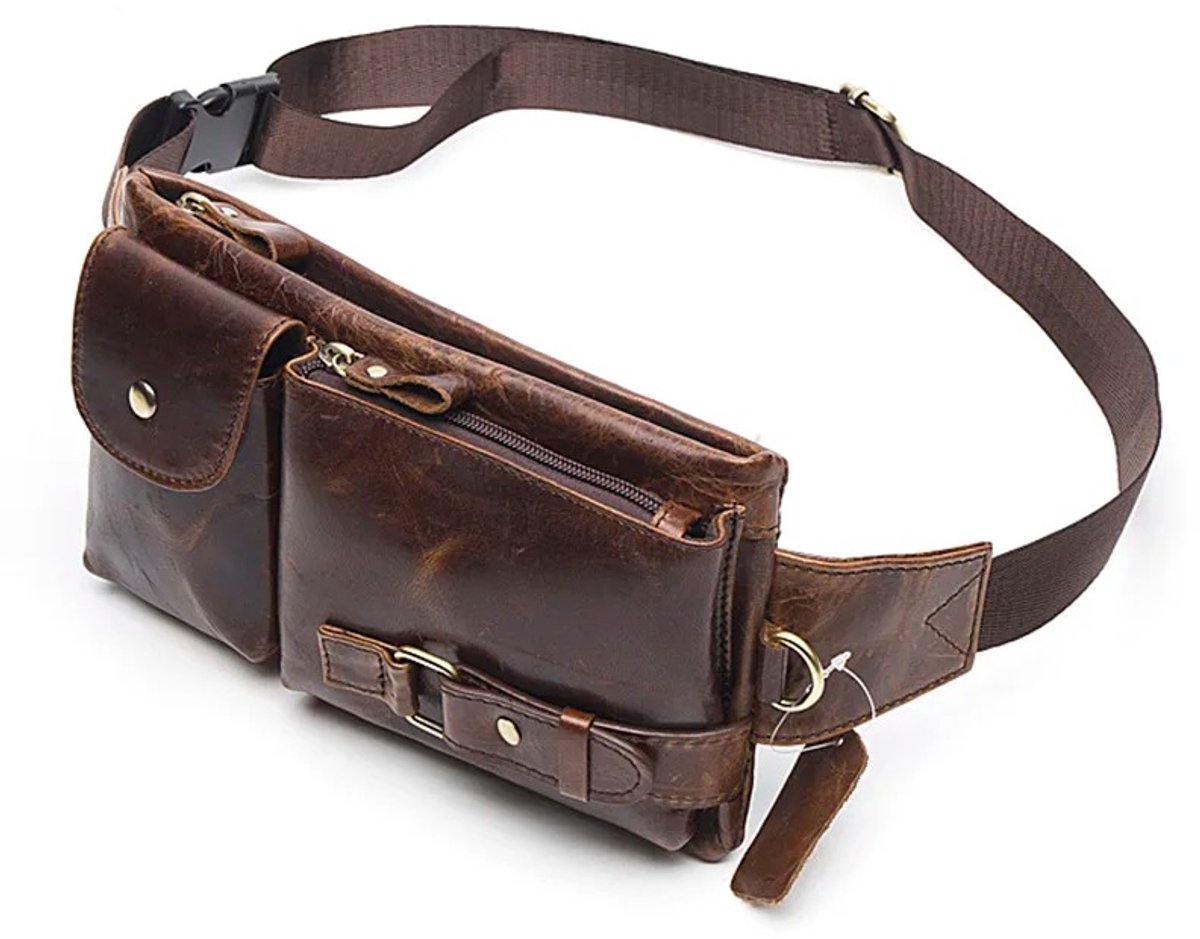 WiseGoods Premium Heuptas Van Leer – Verstelbaar Bruin Heuptasje Voor Dames & Heren – Duurzaam En Stijlvol - Tas - Moneybelt Bruin