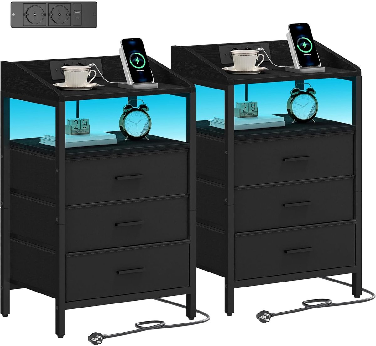 HOMESY Nachtkastjes Set van 2 LED Licht en Oplaadstation, Eindtafel met 3 Stoffen Opbergladen en Planken, Bijzettafel met USB Poorten & Stopcontacten, Nachtkastje voor Slaapkamer