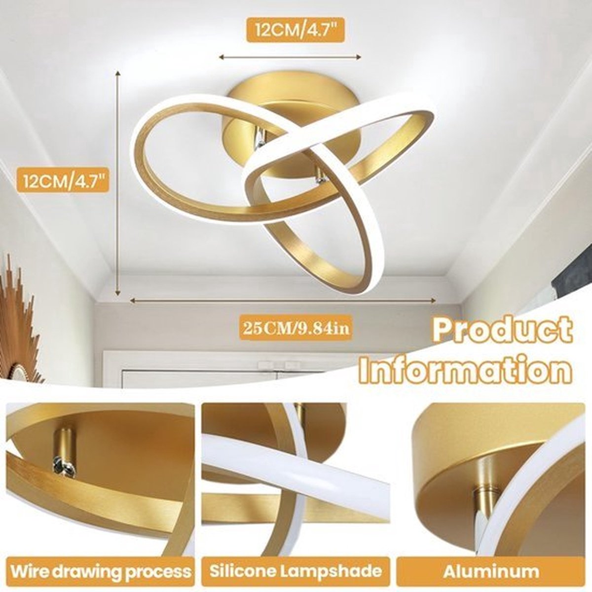 Modern Led Ceiling Light Fixture,3000K/4500K/6000K Gold Led Hallway Light Fixtures Ceiling Lamp for Hallway Bedroom Bathroom Kitchen Balcony Stair Aisle Ceiling Lamp Curved Design (Gold) — cadeau in Cadeau-ideeën - foto 2