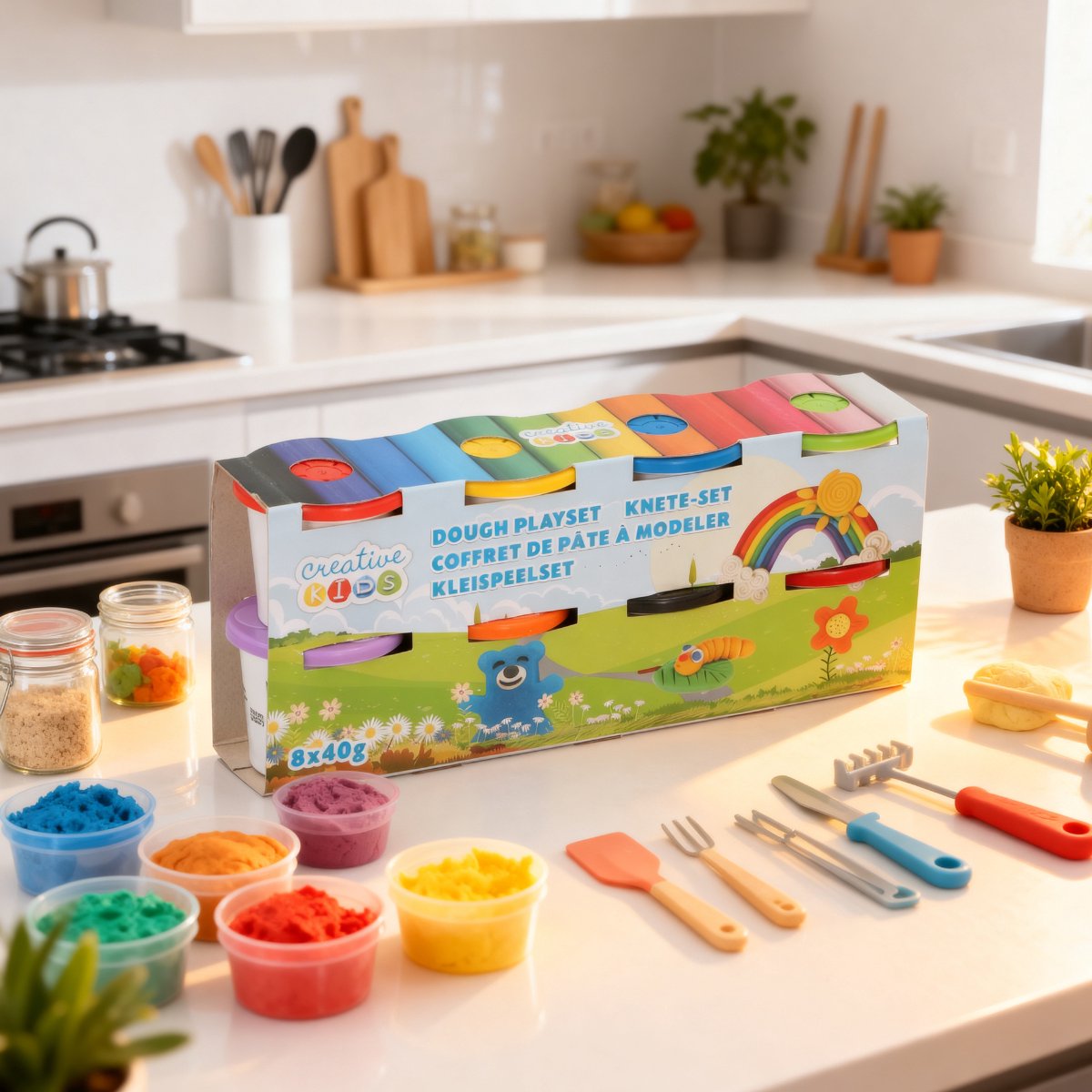 Creative Kids kleispeelset - bakklei - 8 potjes van 40 gram - meerkleurig - kunststof potjes - kinderklei voor het vormen en maken van figuren - geschikt vanaf 3 jaar