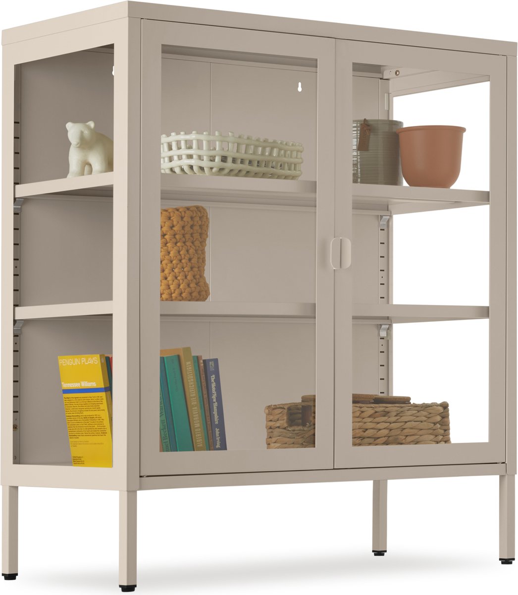 tectake® Metalen Vitrinekast - 80 x 37 x 90,5 cm - Glazen Deuren met Magneetsluiting - Industriële Lowboard Kast op Poten - Verstelbare Legplanken - Buffetkast - Vitrine Kastje - Taupe