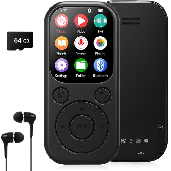 Zwarte MP3-speler met 64GB SD kaart en oordopjes, toont icoontjes voor Muziek, Video, FM, E-book, Opnemen, Foto, Instellingen, Map, Bluetooth.