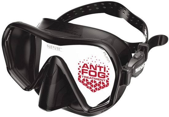 Masque de plongée Seac Pura noir avec inscription rouge 'Anti Fog Treatment' sur la lentille.
