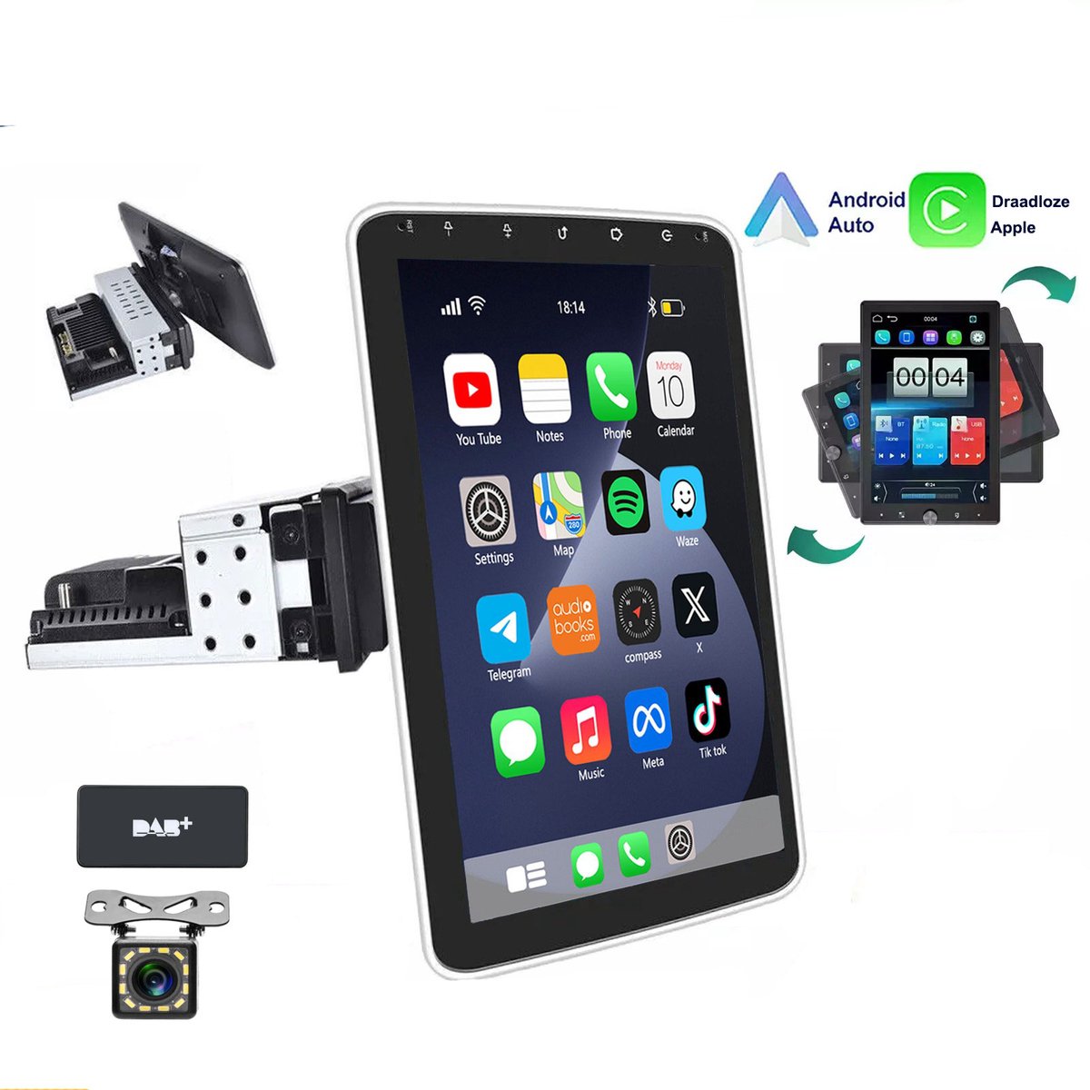 ESSGOO 1DIN Autoradio 360° draaibaar scherm - Android 15 - 4+64G - Draadloos Carplay & Andriod Auto - Bluetooth - GPS-navigatiesystem - 12LED Achteruitrijcamera - Microfoon - Wifi Bluetooth - DAB+
