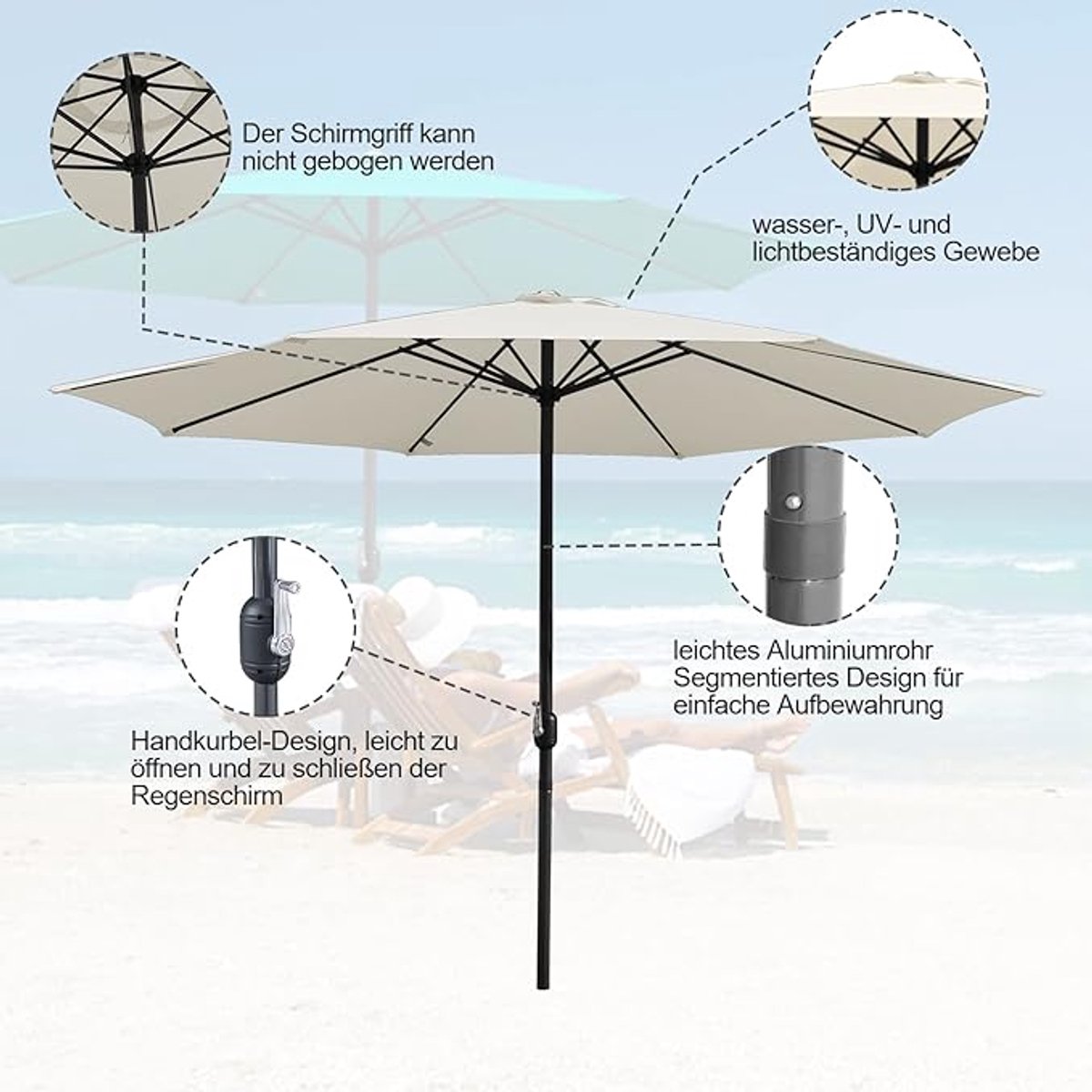 Zweefparasol Depauwonen Ø350 cm – Grote Tuinparasol met Zwengel, UPF 50+ UV-bescherming, Waterafstotend, 40 LED-lampjes op Zonne-energie, Handmatige Kanteling – Balkon, Terras, Tuin, Zwembad – Zond...