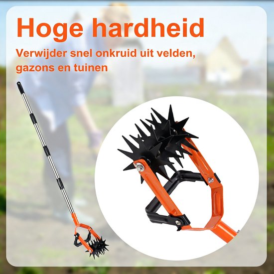 Rotatiecultivator voor in de tuin, verstelbare handfrees met lange steel en stervormige rollende tanden, 2-in-1 onkruidverwijderaar en grondbeluchter voor gazononderhoud, gras opnieuw inzaaien, grond mengen, handmatige tuinfrees. — afbeelding 4
