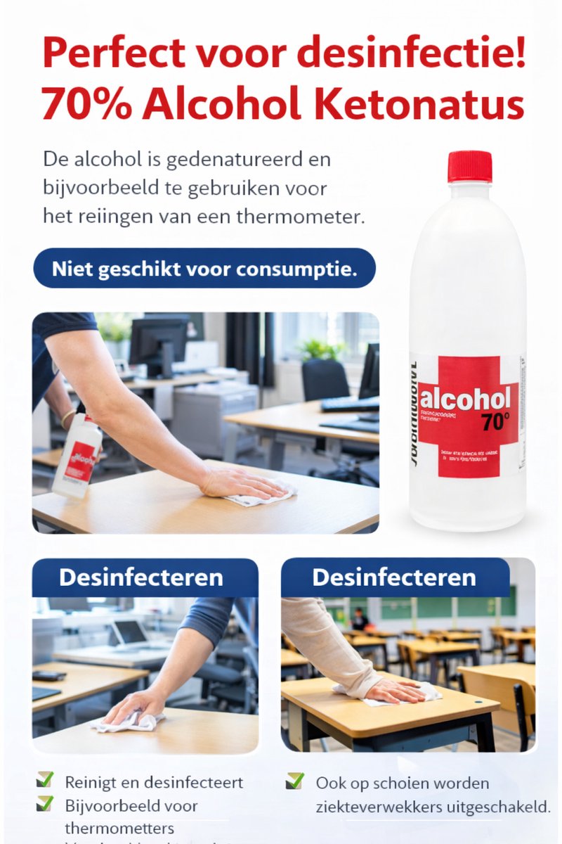 1 LITER Alcohol 70% Desinfectie van je werkplek, school, thuis met Alcohol 70