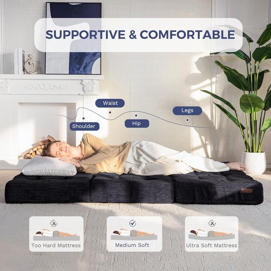 Opvouwbaar Matras - Gastmatras Futon - Ruimtebesparend Slapen - 15cm Schuimvulling - 90x195cm - Zwart — afbeelding 3