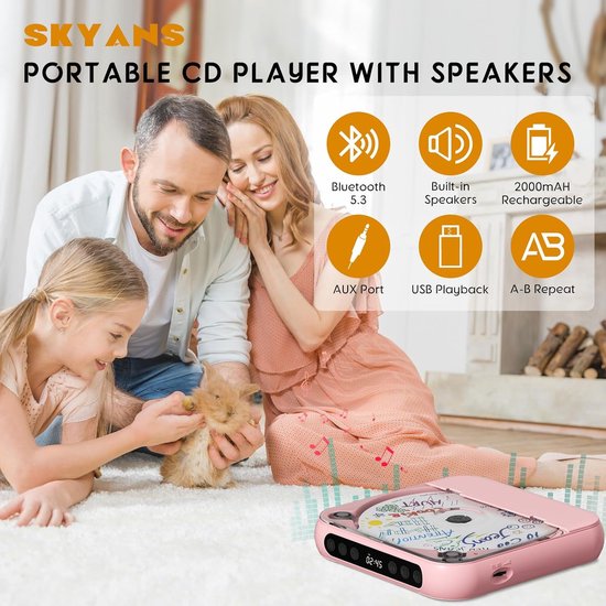 KZQ Draagbare cd-speler - Bluetooth-functionaliteit - Oplaadbaar - Ingebouwde hifi-luidsprekers - Hoofdtelefoonaansluiting - Ondersteunt cd-/aux-/usb-ingang en herhaalmodus - Geschikt voor thuis en in de auto - Roze van kzq — afbeelding 5