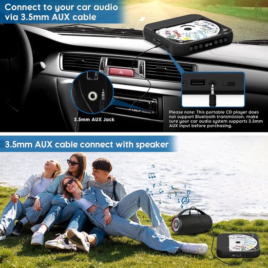 Draagbare cd-speler - Bluetooth-speler - Oplaadbaar - Ingebouwde hifi-luidspreker - Hoofdtelefoonaansluiting - Geschikt voor thuis en in de auto - Zwart — afbeelding 4