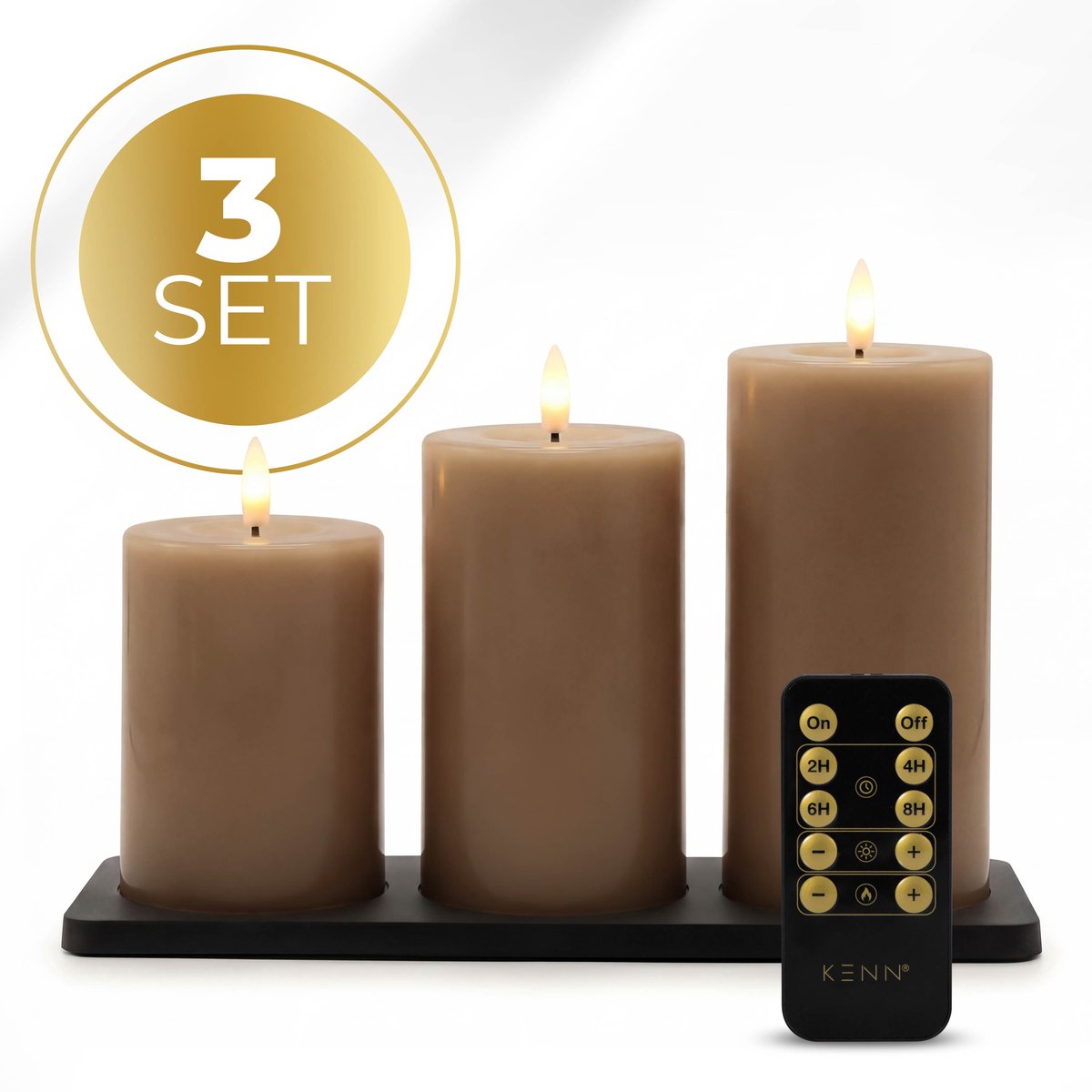 KENN® GlowPro™ Oplaadbare LED Kaarsen – Tot 400 Branduren – Set van 3 – Caramel – Met Afstandsbediening & Timer – Magnetisch Oplaadstation – Bewegend Vlameffect – LED Kaarsen Oplaadbaar – LED Stompkaarsen – LED Kaarsen met Flikkerende Vlam – Horeca