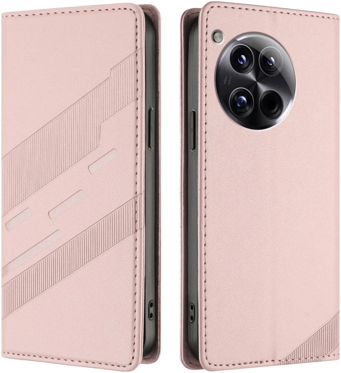 Hoesje geschikt voor OnePlus 12 - Phonesta Embossed Lines Book Wallet Case - Roze