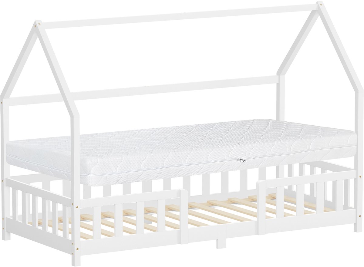 ml-design montessori kinderbed 90x200 cm met matras H:16 cm valbeveiliging wit massief grenenhout huisbed voor meisjes en jongens met lattenbodem decoratieve kap houten eenpersoonsbed jeugdbed speelbed vloerbed bedhuis kinderbed met dak