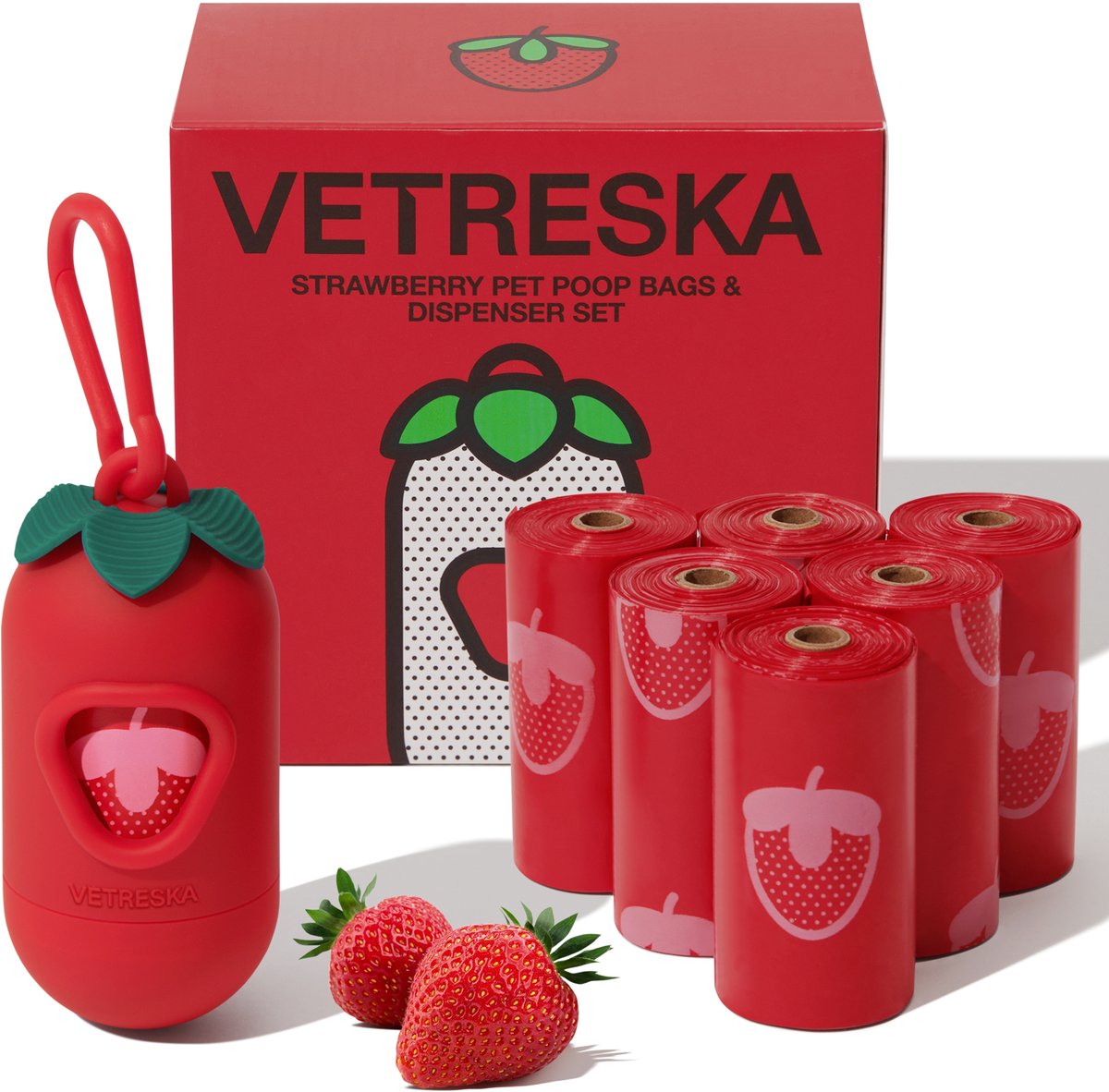 VETRESKA Strawberry Poepzakjes & Dispenser Set- 105 Stuks - Biologisch Afbreekbaar - Dispenser