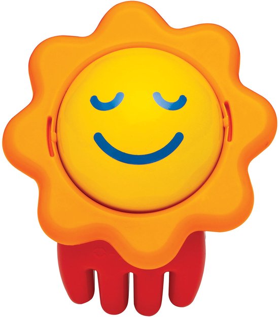 Gele zon met gesloten ogen en een lachende mond, met oranje stralen en rode tentakels.