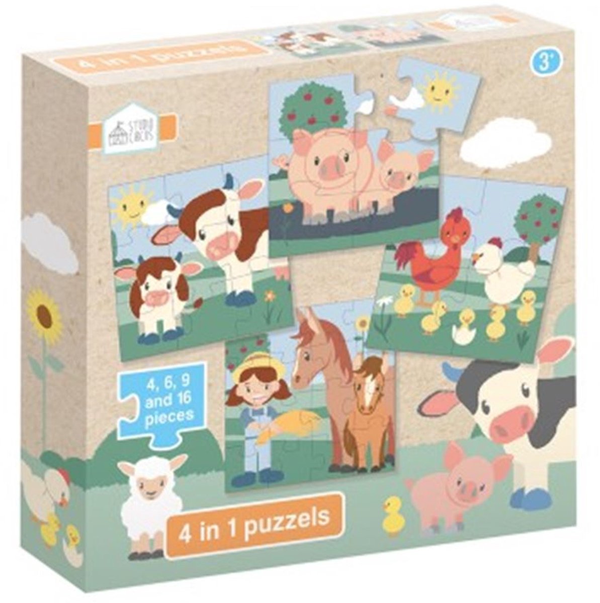Studio Circus puzzel 4 in 1 boerderij - educatief peuter speelgoed - kinderpuzzel 4x6x9x16 stukjes leren puzzelen - cadeautip puzzel 3 jaar en ouder