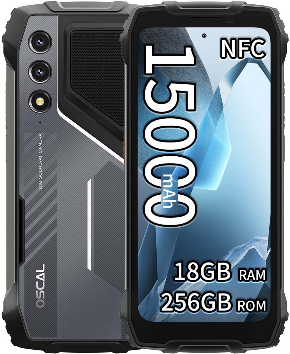 OSCAL PILOT 1 Robuuste Smartphone - 18GB RAM - 256GB ROM - 6,67 inch - 15000mAh 33W - Android Telefoon - GPS, NFC, OTG - Zwart