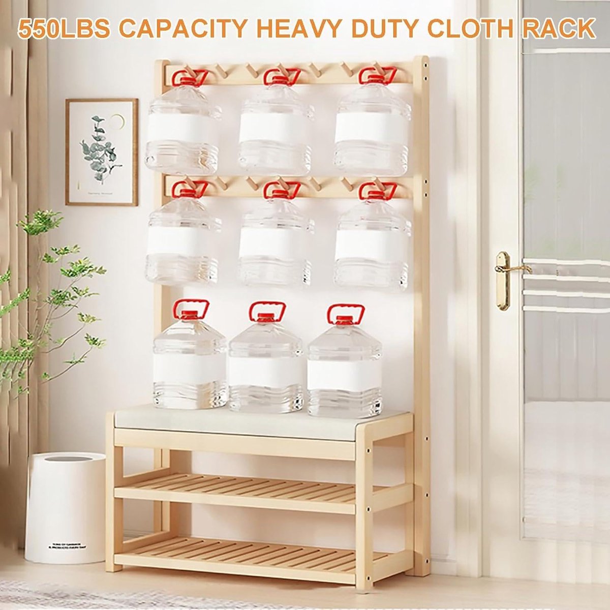 Garderobebank met Schoenenrek 60 cm – 3-in-1 Halbank met Kapstok, 10 Haken en 2 Opbergplanken – Massief Houten Entree Organizer voor Hal, Slaapkamer en Kantoor – Marrone – Nicolehome