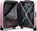 Roze American Tourister koffer open, grijze voering met ritsvakken en kruisbanden.