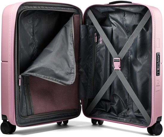 Roze American Tourister koffer open, grijze voering met ritsvakken en kruisbanden.