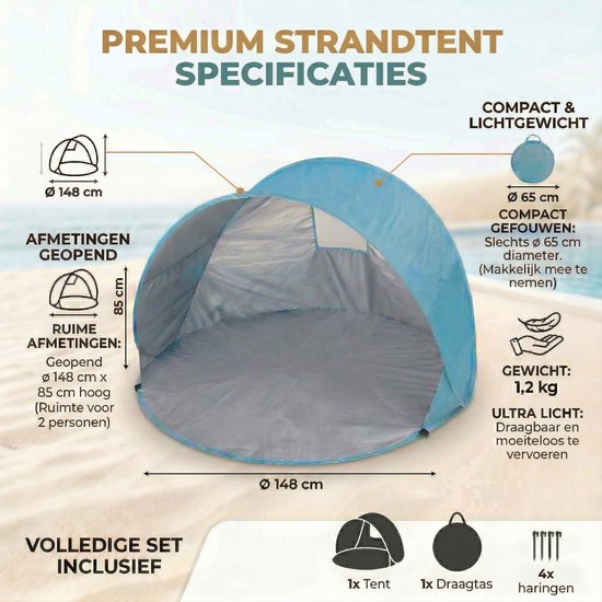 Strandtent Pop Up - Blauw - Opvouwbaar - UV 50+ bescherming - Incl. Draagtas & Haringen - Geschikt voor 2 volwassenen — afbeelding 2