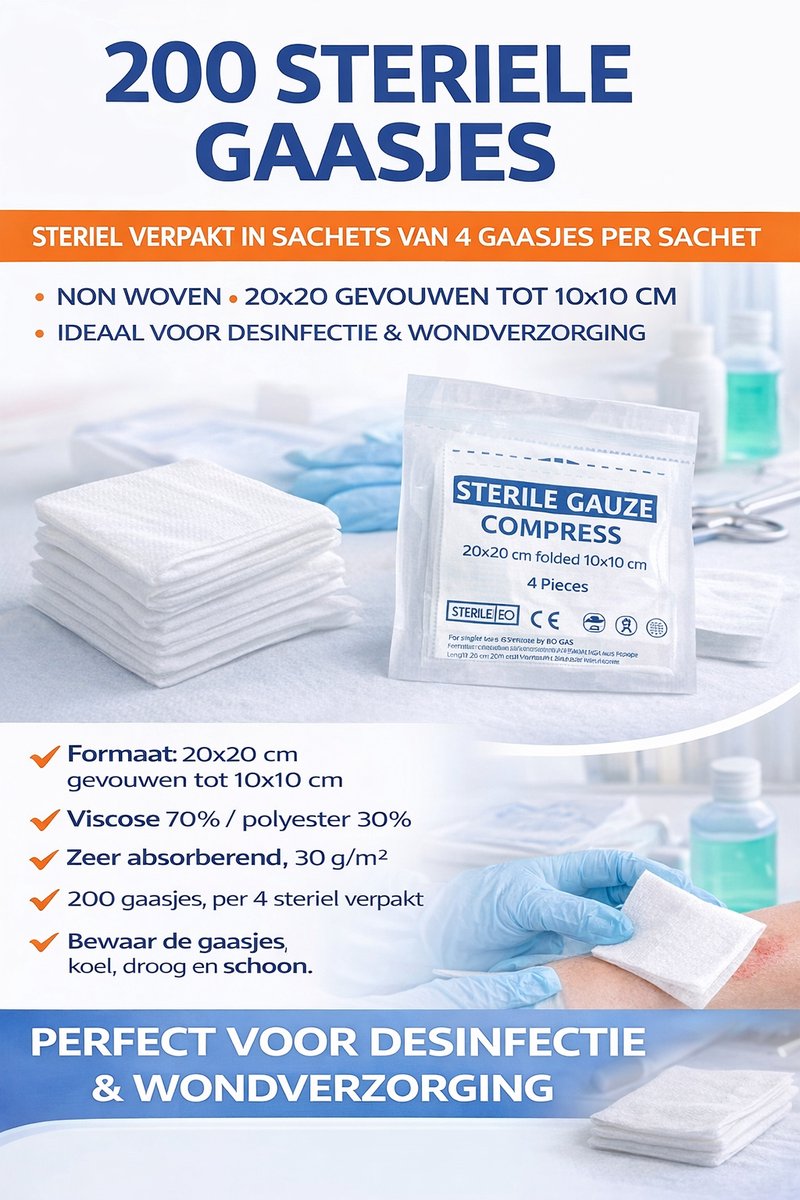 200 steriele gaasjes, non woven, 20x20 cm gevouwen tot 10x10 cm, perfect voor desinfectie en wondverzorging . Steriel verpakt in sachets van 4 gaasjes per sachet voor optimale hygiëne en gebruiksgemak .