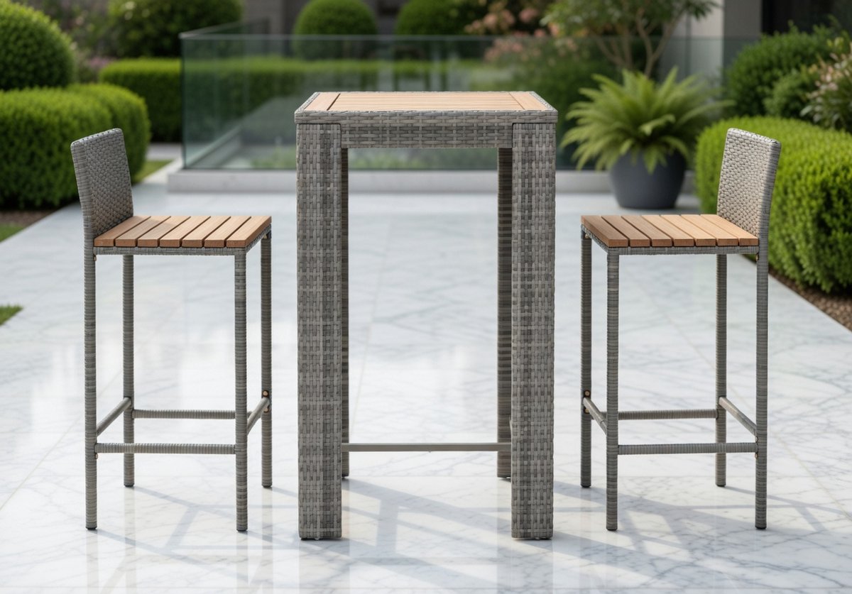 Set van 2 Design Barkrukken met Rugleuning - Grijs – Polyrattan & Massief - Medahomestore