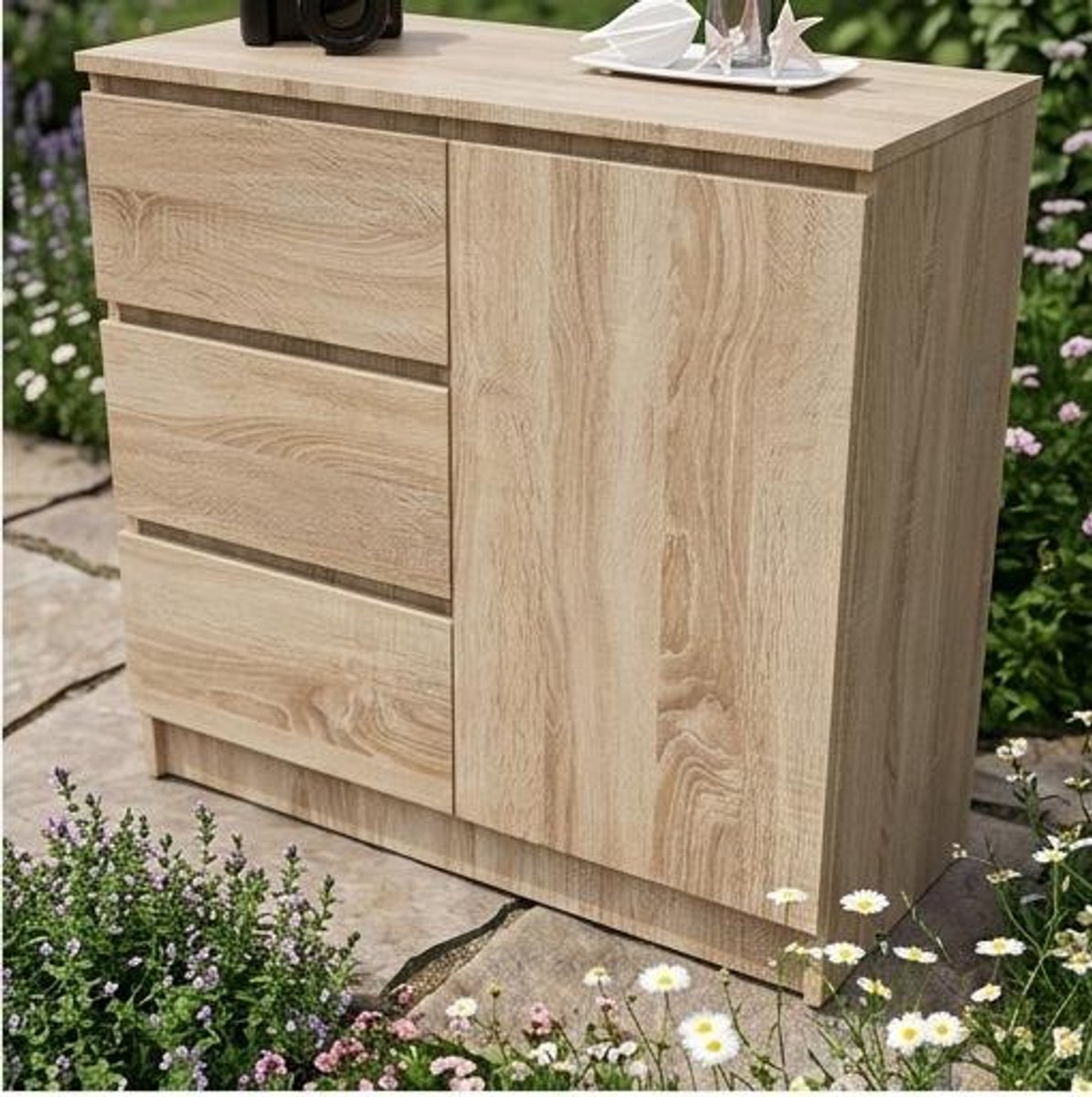 Commode met 3 Laden en Kastdeur 80x35x77 cm – Artisan Eiken Ladekast met Planken en Opbergruimte voor Woonkamer en Slaapkamer – Modern Dressoir – Urbanhome